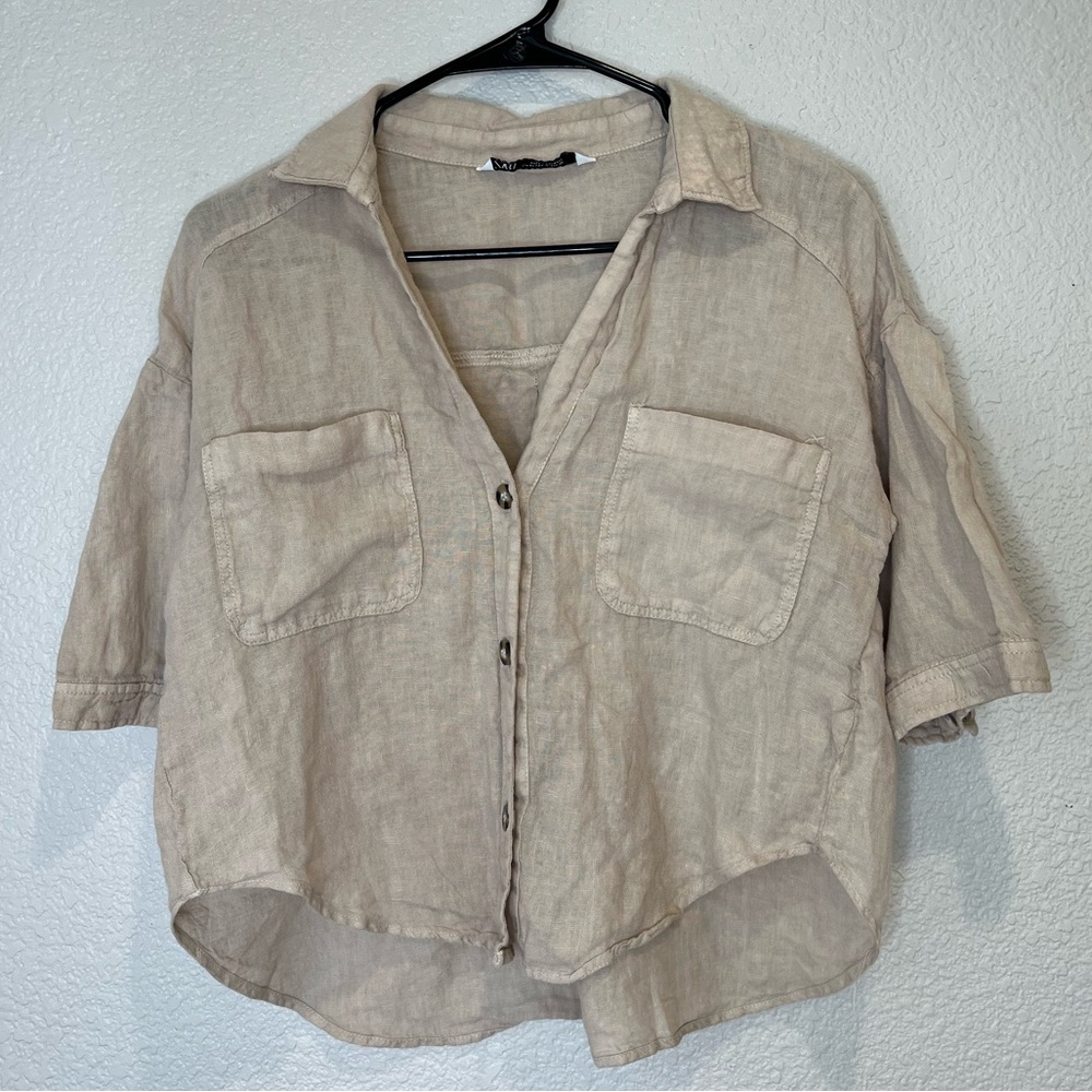 Zara Beige Button-Down Linen Shirt